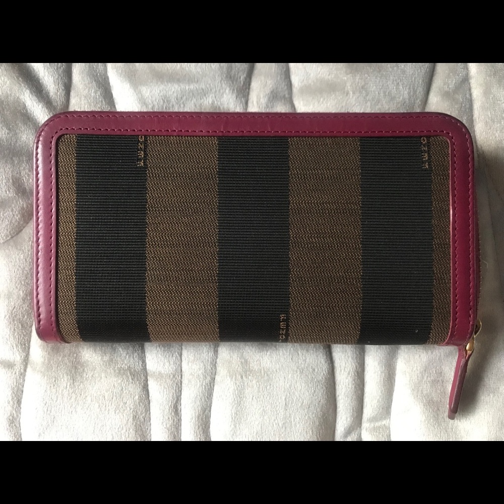FENDI Penguin Striped Zip Around Wallet Maroon